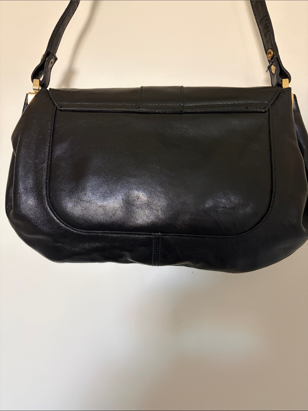 Vintage Black Leather Shoulder Bag with Gold Hardware, Strap 15 1/2 in. ,13x8 in - Picture 4 of 9